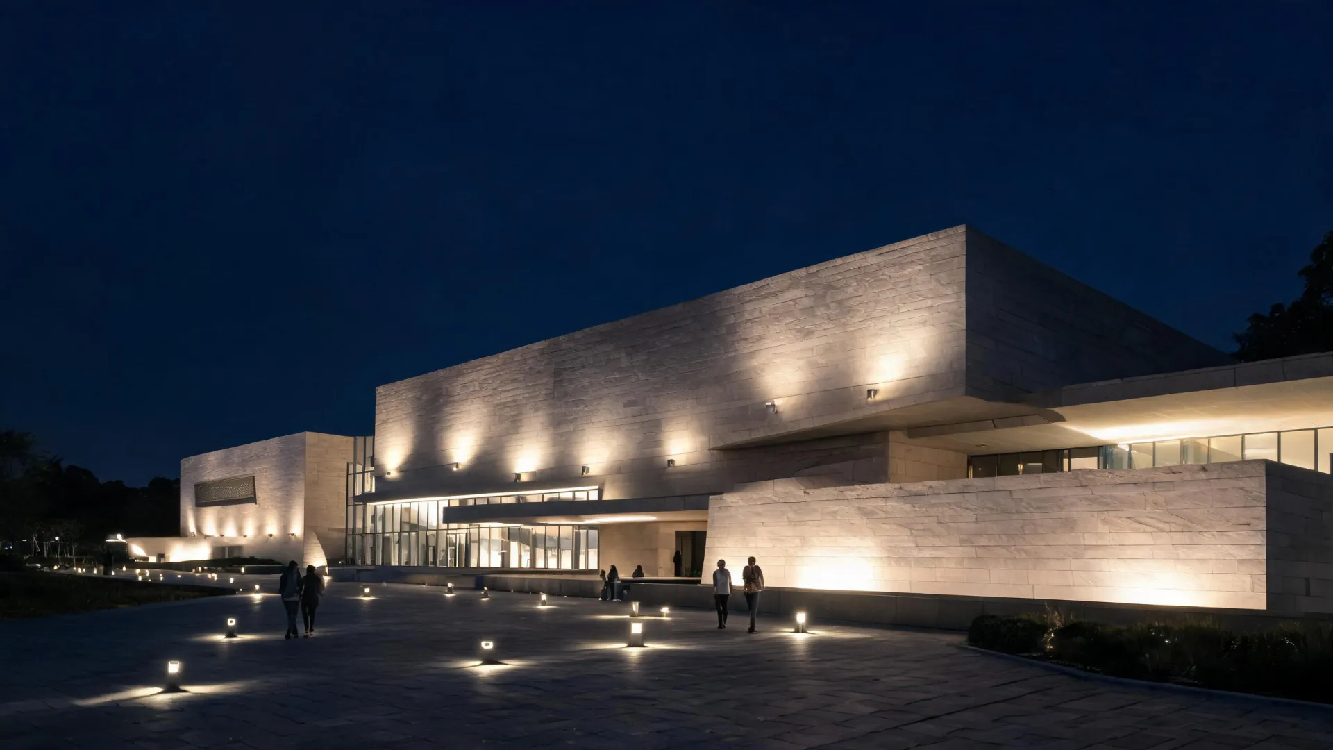 Museum plaza illuminated by precise architectural luminaires
