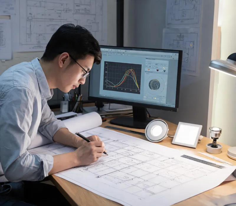 Lighting engineer reviewing photometric plans